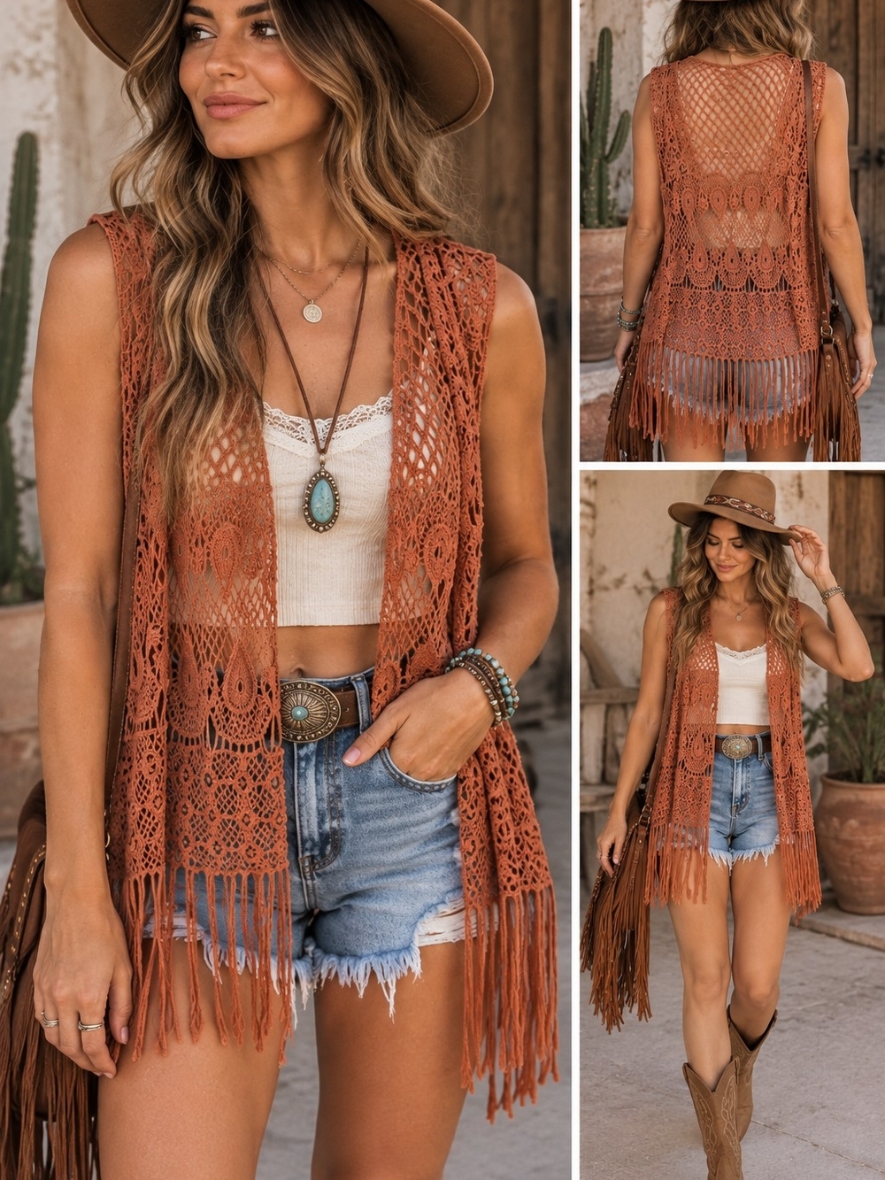 Roommates Rust Crochet Fringe Swim Coverup Vest